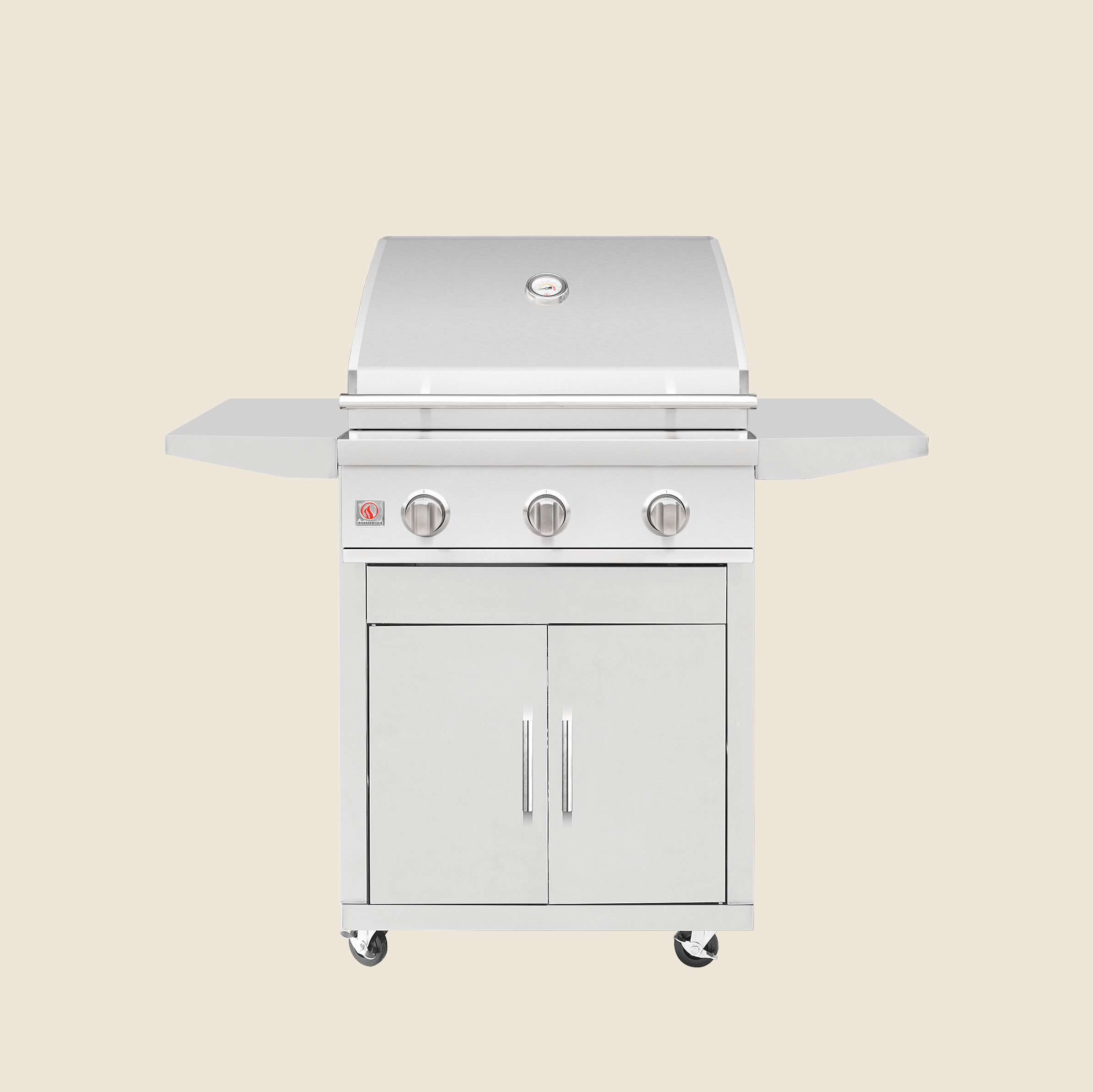 ummerset 25-inch Sizzler grill cart with the grill hood closed, front three-quarter view showing the folding side shelves and double access door