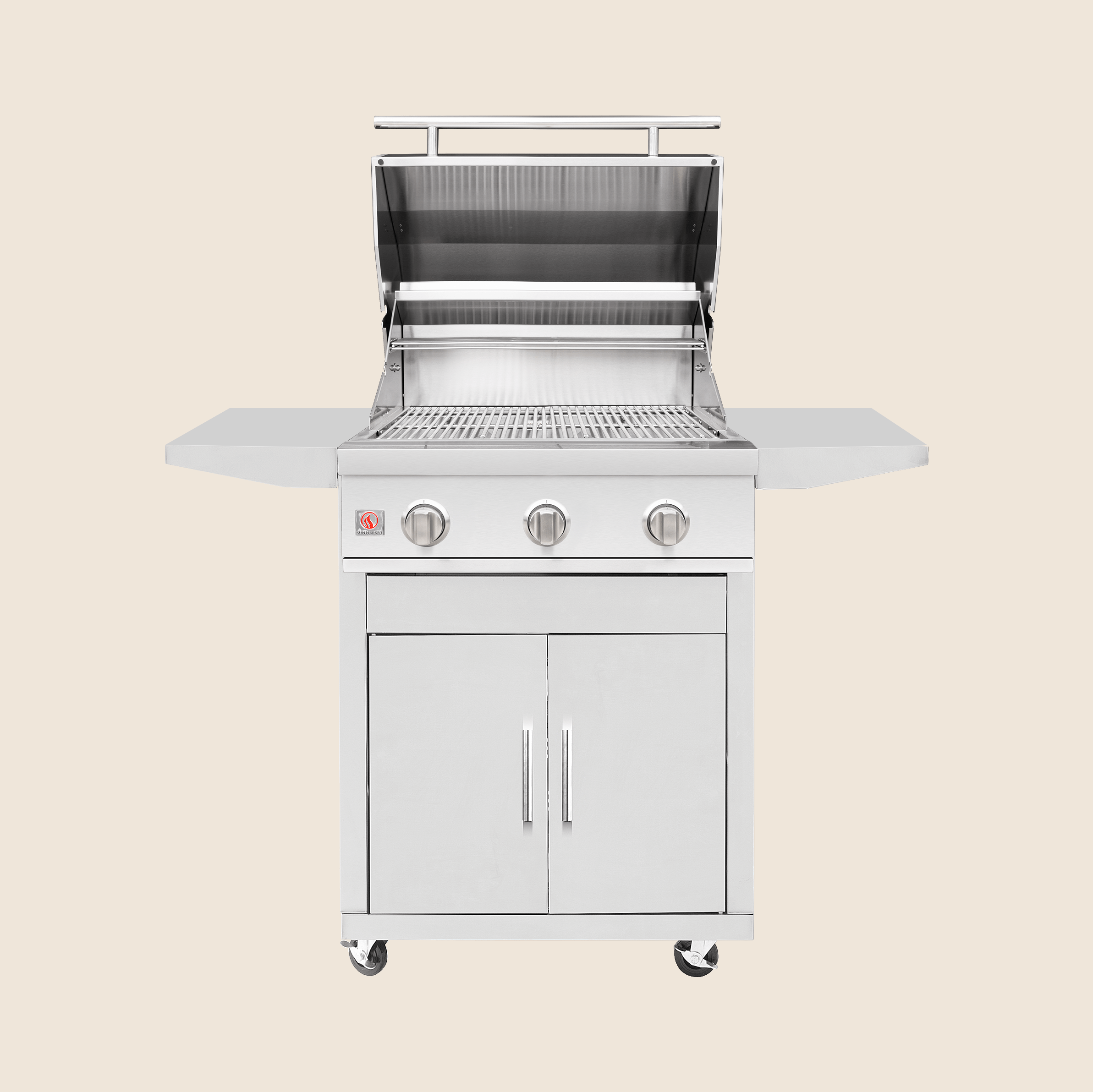Summerset 25-inch Sizzler grill cart with the grill hood open, showing the cooking grates, folding side shelves, and stainless steel double access door