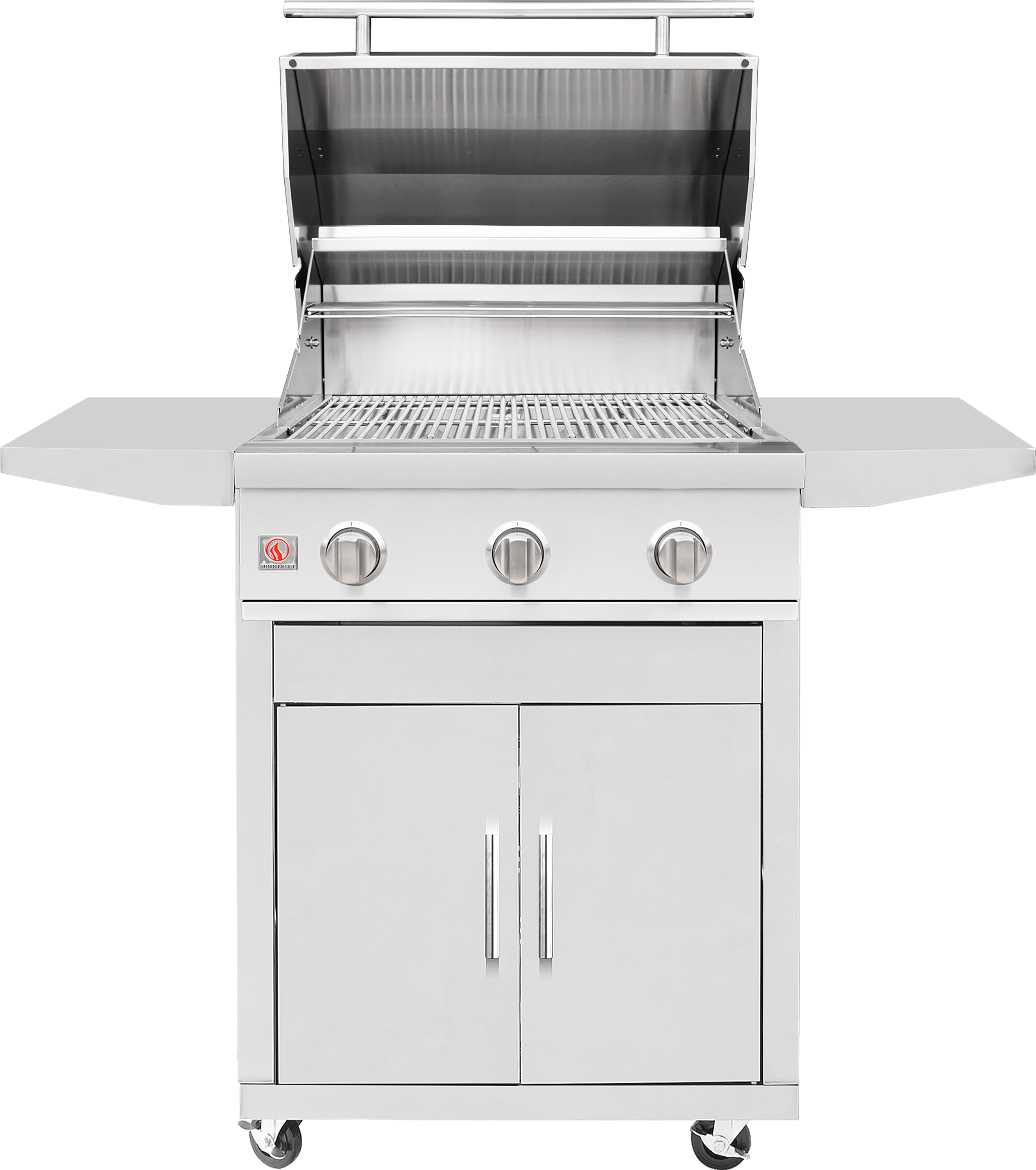 Close-up of the open hood on the Summerset 25-inch Sizzler grill cart, showing the cooking grates and control knobs above the stainless steel double access door