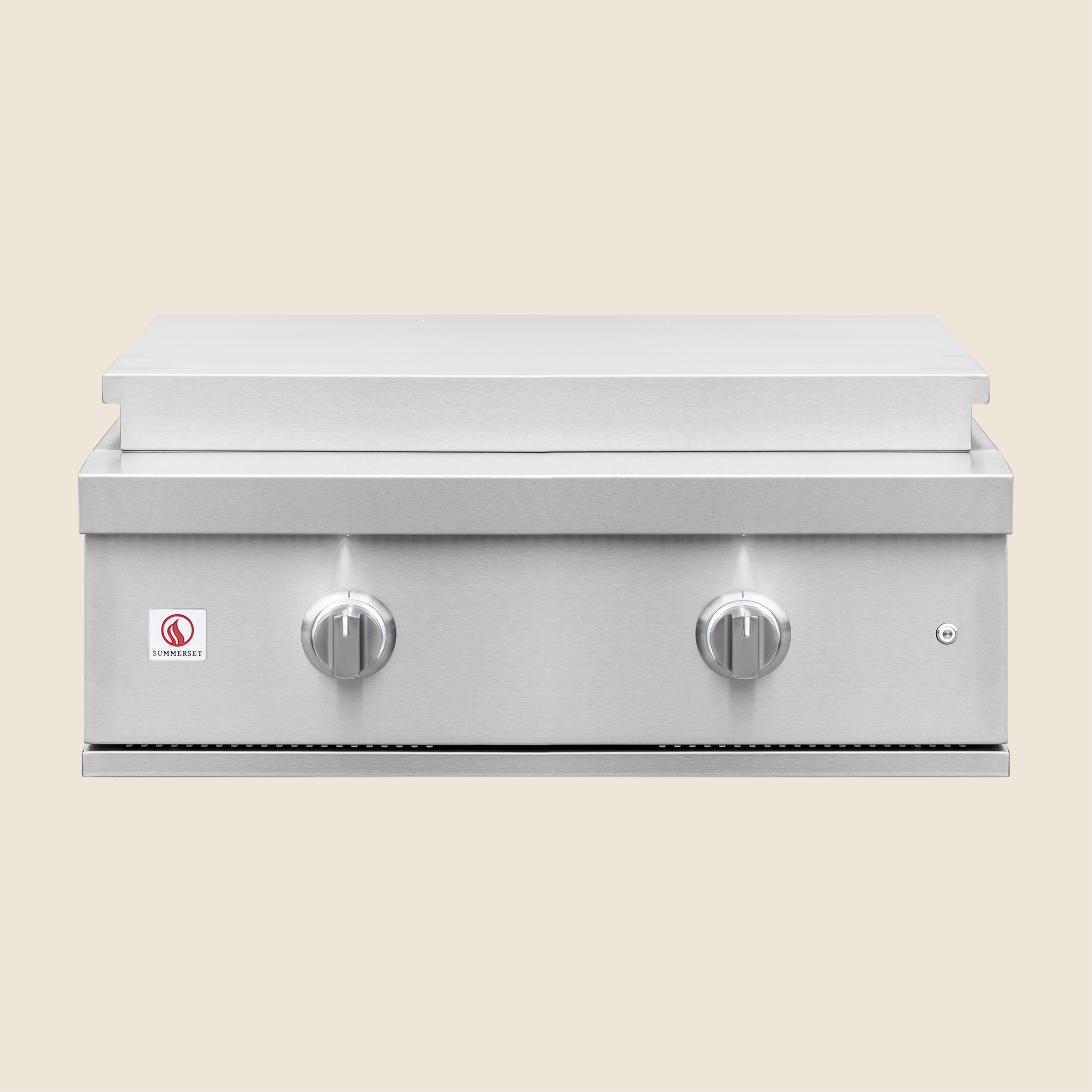 Summerset 30-inch Griddle Pro built-in gas griddle, front view with stainless steel cooking surface and dual control knobs