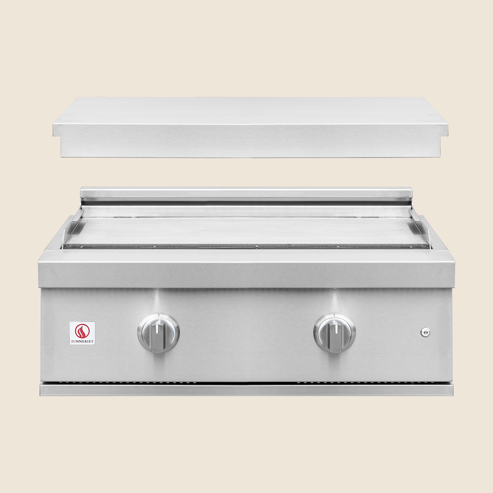 Summerset 30-inch Griddle Pro built-in gas griddle with the removable stainless steel lid lifted away, showing the flat-top cooking surface