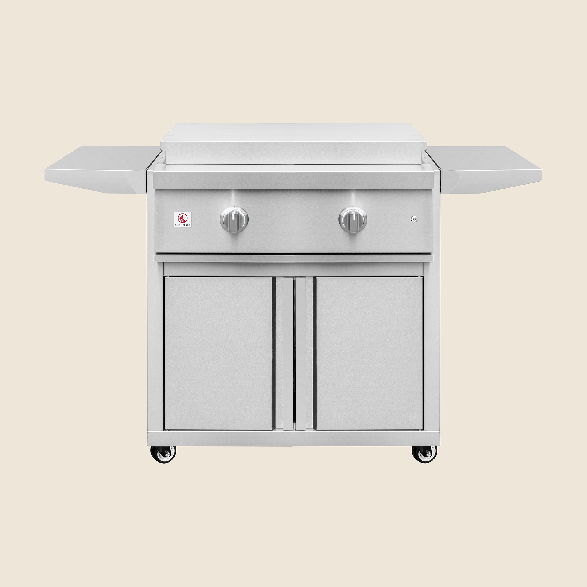 Summerset 30-inch Griddle Pro grill cart, front view showing the flat-top griddle surface, control knobs, and stainless steel double access doors