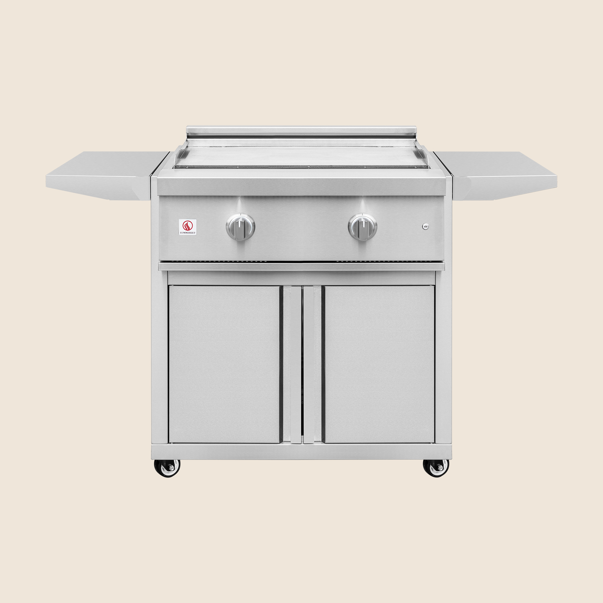 Summerset 30-inch Griddle Pro grill cart, front view highlighting the griddle cooking surface and folding side shelves
