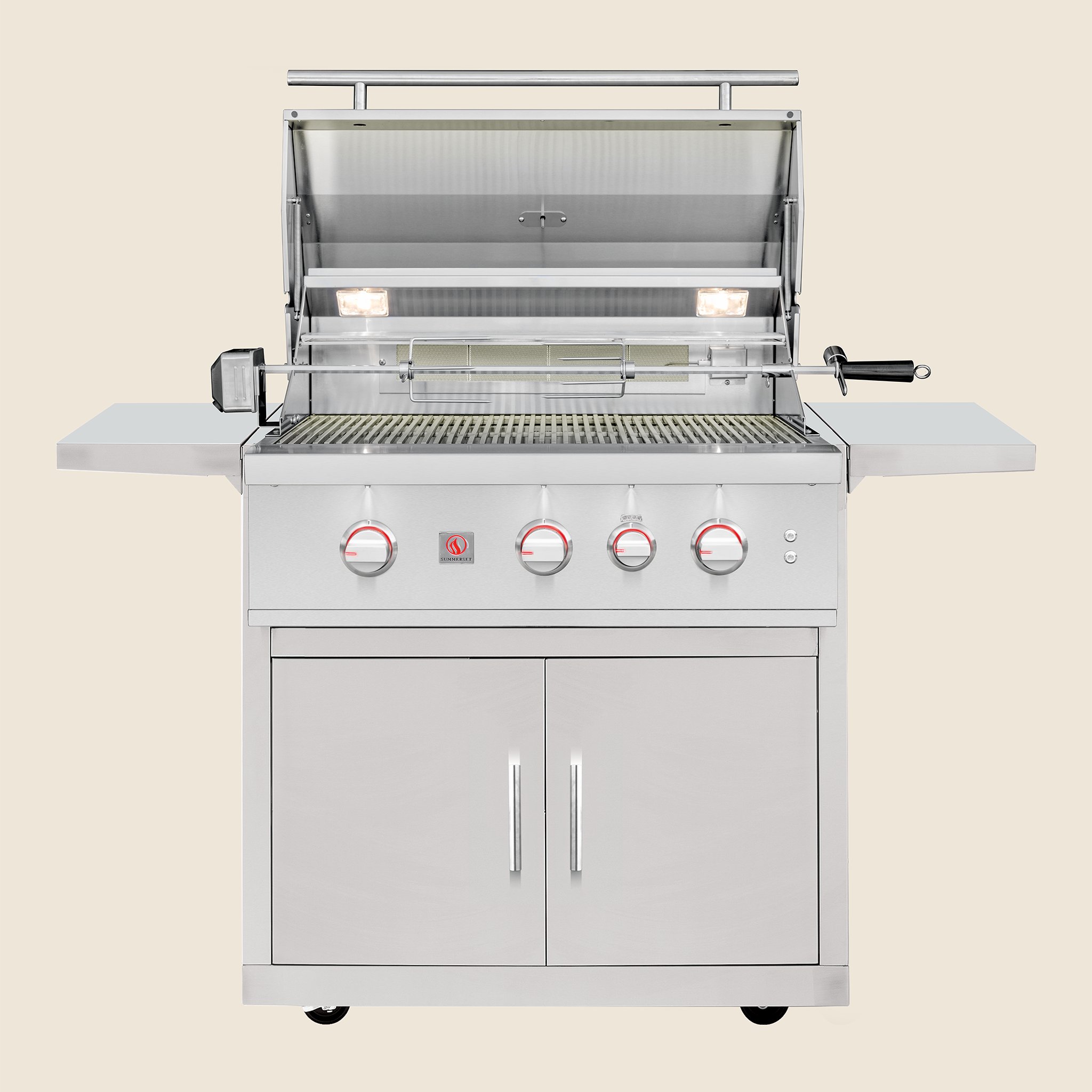 Summerset 32-inch TRL Pro grill cart, front view with the hood open, showing the rotisserie burner, cooking grates, and double access doors
