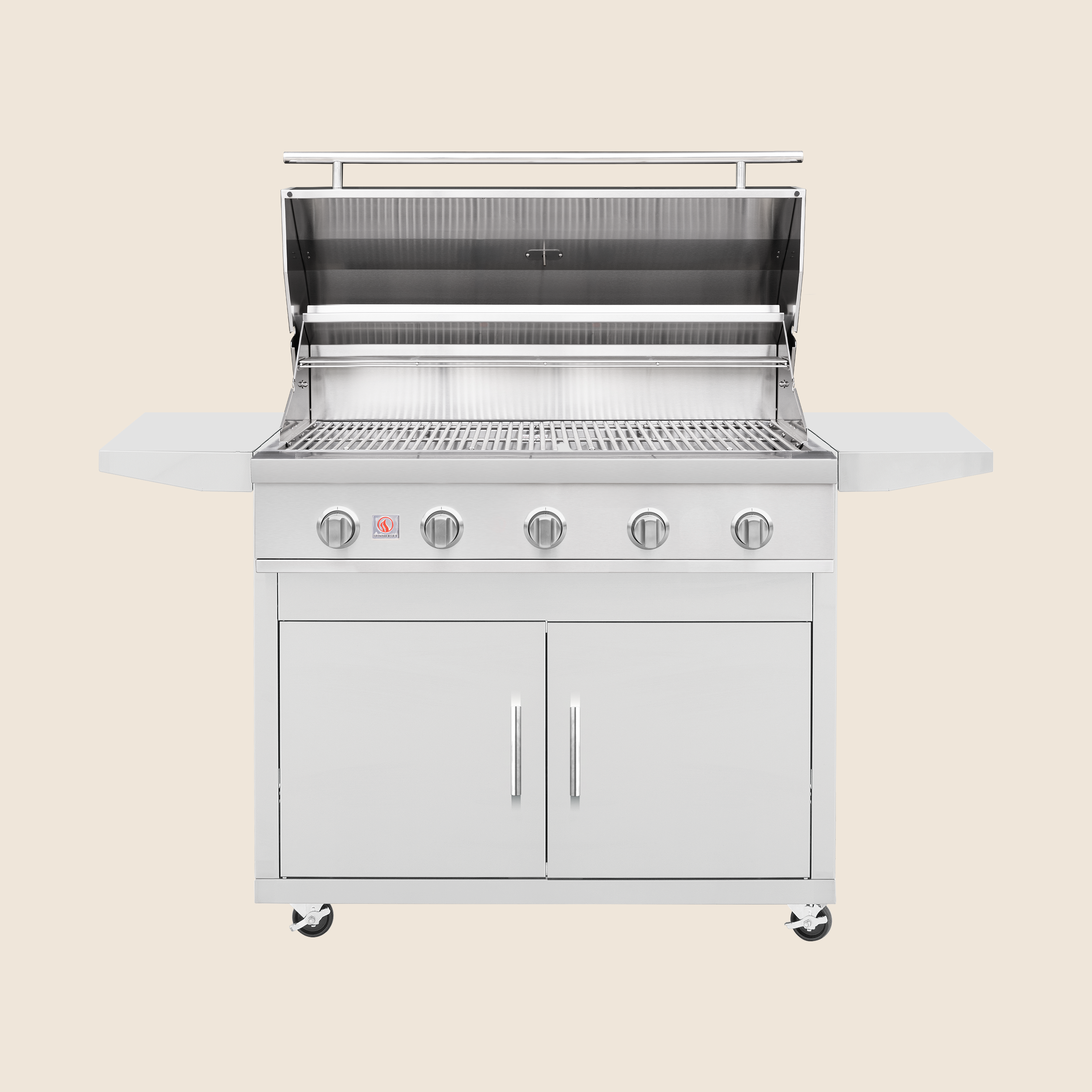 Summerset 40-inch Sizzler grill cart, front view with the hood open, showing the cooking grates and double access doors