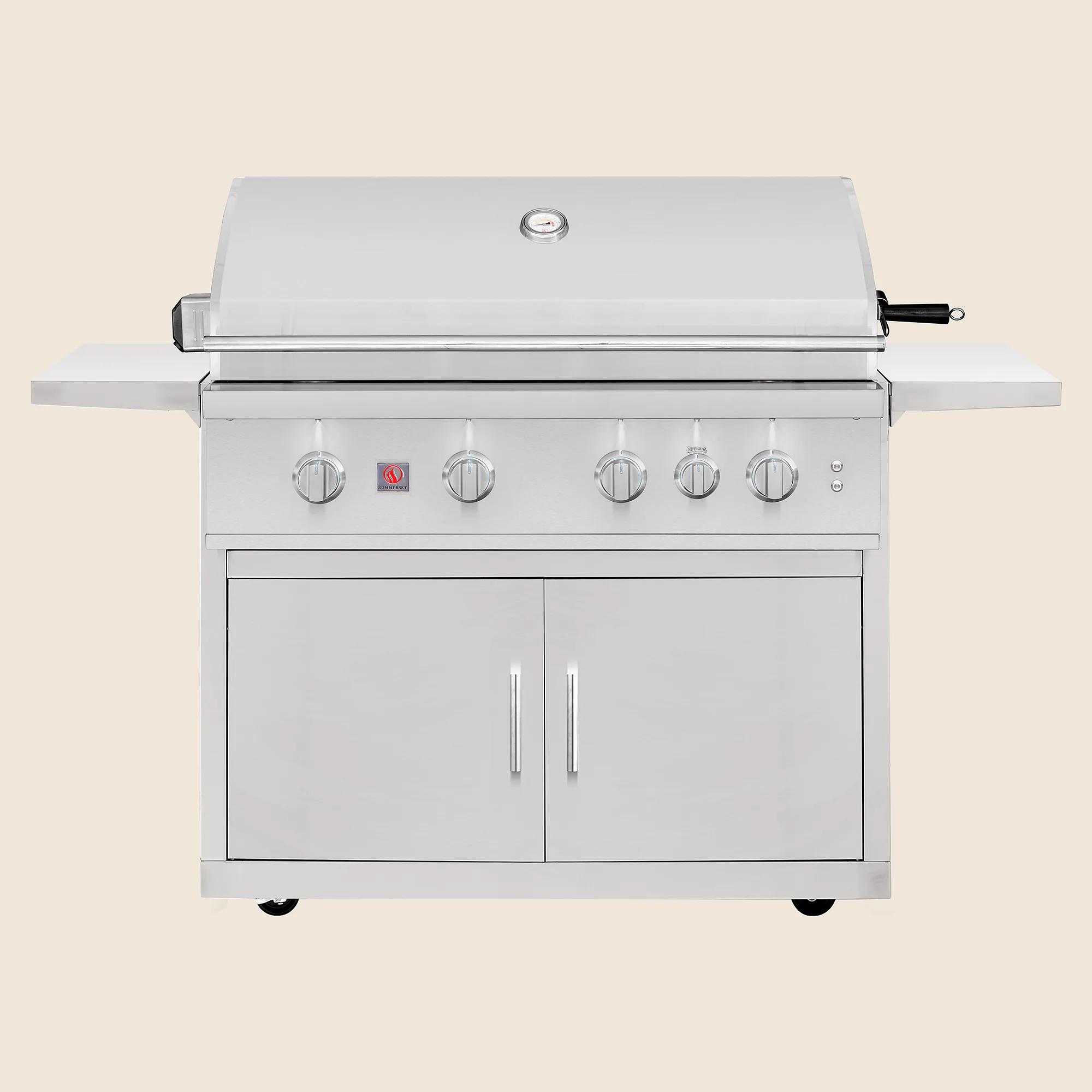 Summerset TRL Pro 40-inch freestanding gas grill with the hood closed, shown on a cream background with its five control knobs and folding side shelves